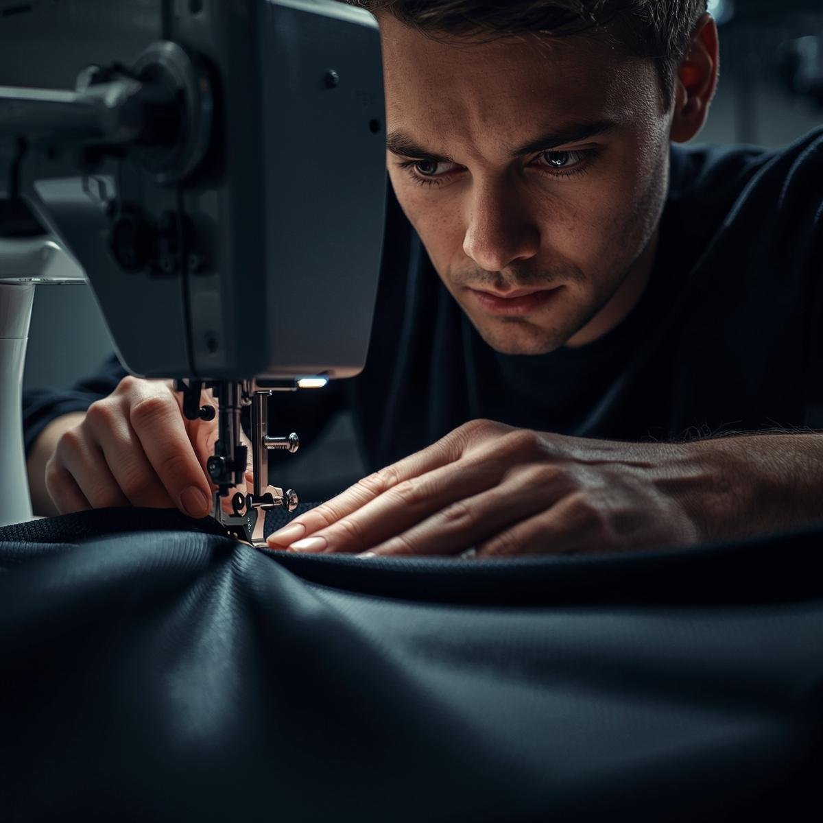 Close-up of hands sewing athletic wear